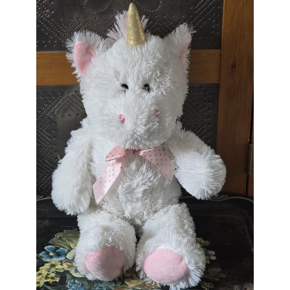 White Unicorn Sitting Plush Pink Polka Dot Bow Stuffed Animal 18.5"
